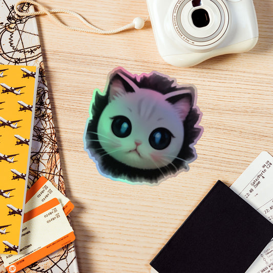 Pegatina holografica de gato sobre mesa de viaje, efecto irisado real