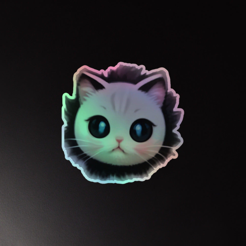 Pegatina holografica de gato sobre fondo oscuro, efecto irisado visible